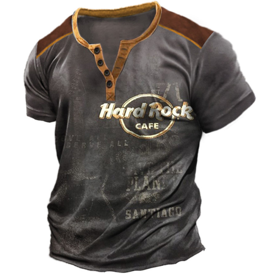 

Men's Henry T-Shirt Retro Hard Rock Print Colorblock Short Sleeve Daily Casual Tee