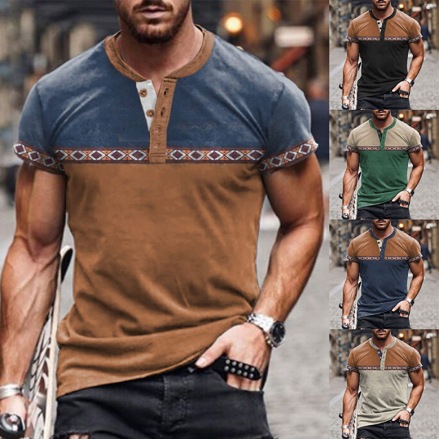 

Men's Henley T-shirt Retro Western Ethnic Style Color Block Printing Pattern Summer Short Sleeve Round Neck Tee