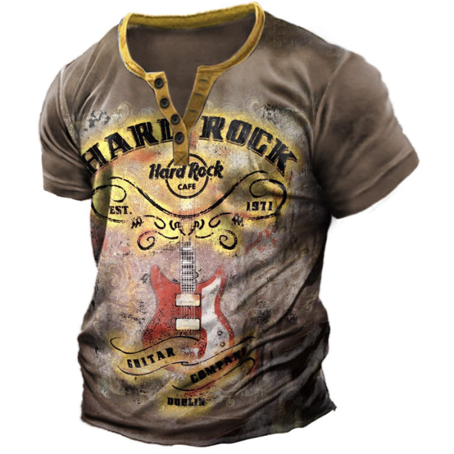 

Men's Henry T-Shirt Retro Hard Rock Guitar Print Short Sleeve Everyday Casual Tee