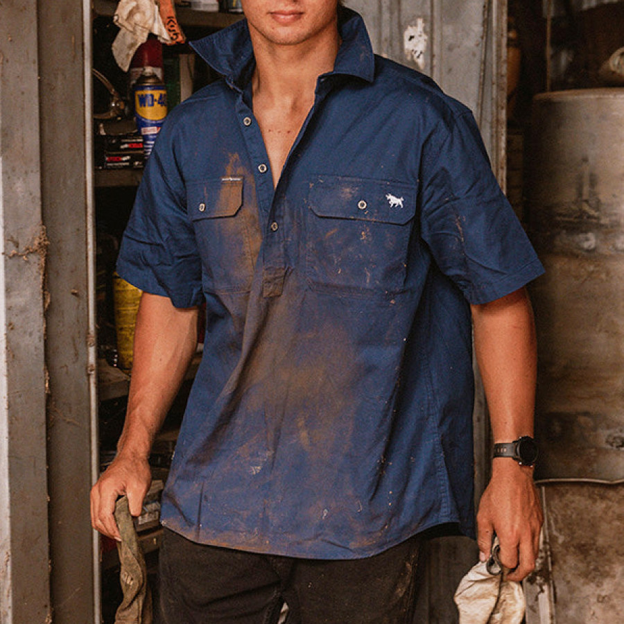 

Men's Workwear Shirt Outdoor Retro Old Washed Printed Polo Stand Collar Workwear Short Sleeve Shirt
