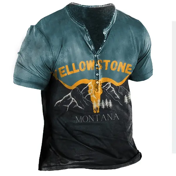 Henry Men's Cotton T-Shirt Outdoor Retro Yellowstone Print Contrast Color Short Sleeve Vacation Top - Cotosen.com