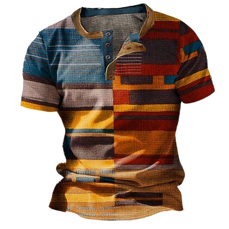 

Men's T-Shirt Henley Vintage Colorblock Short Sleeve Summer Daily Tops Orange
