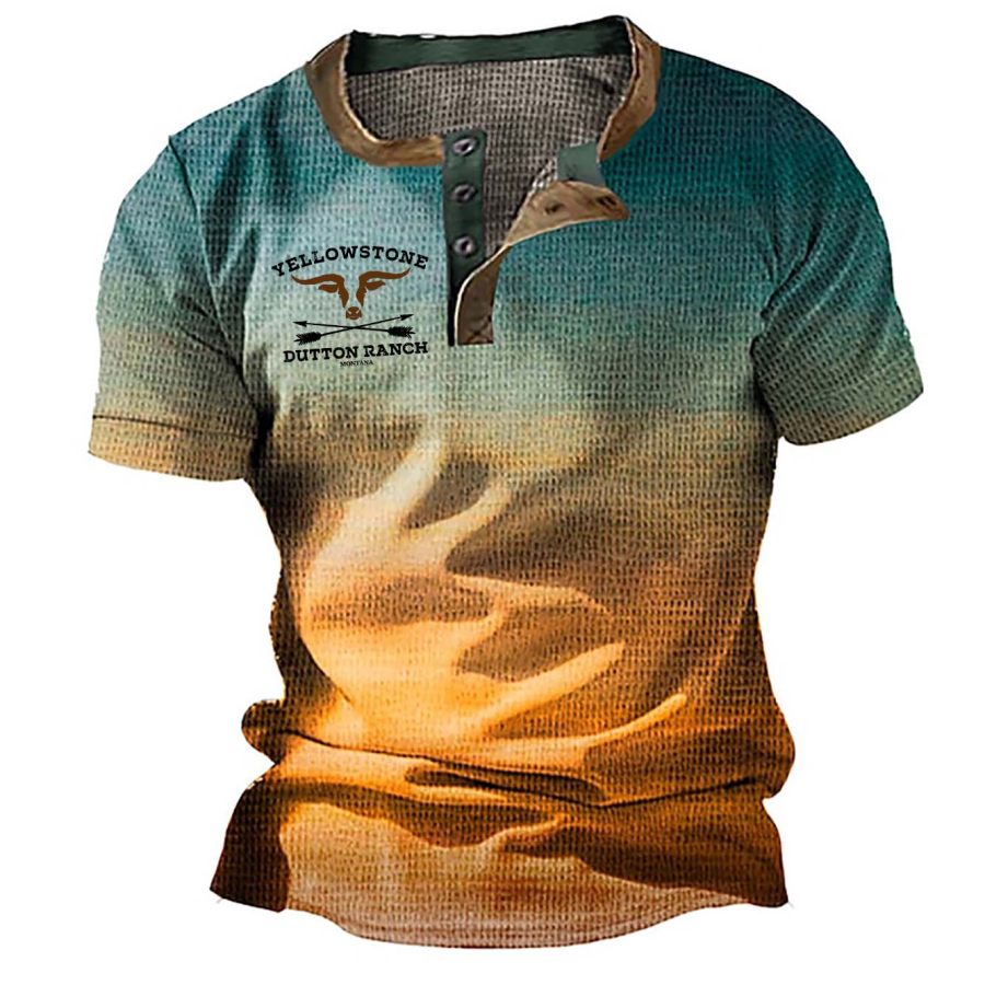 

Men's T-Shirt Henley Vintage Western Yellowstone Gradient Color Block Short Sleeve Summer Daily Tops Yellow