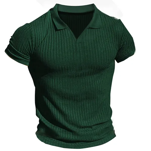 Men's Polo Shirt Outdoor Lapel V-neck Vertical Stripe Short-sleeved Men's T-shirt - Kalesafe.com 