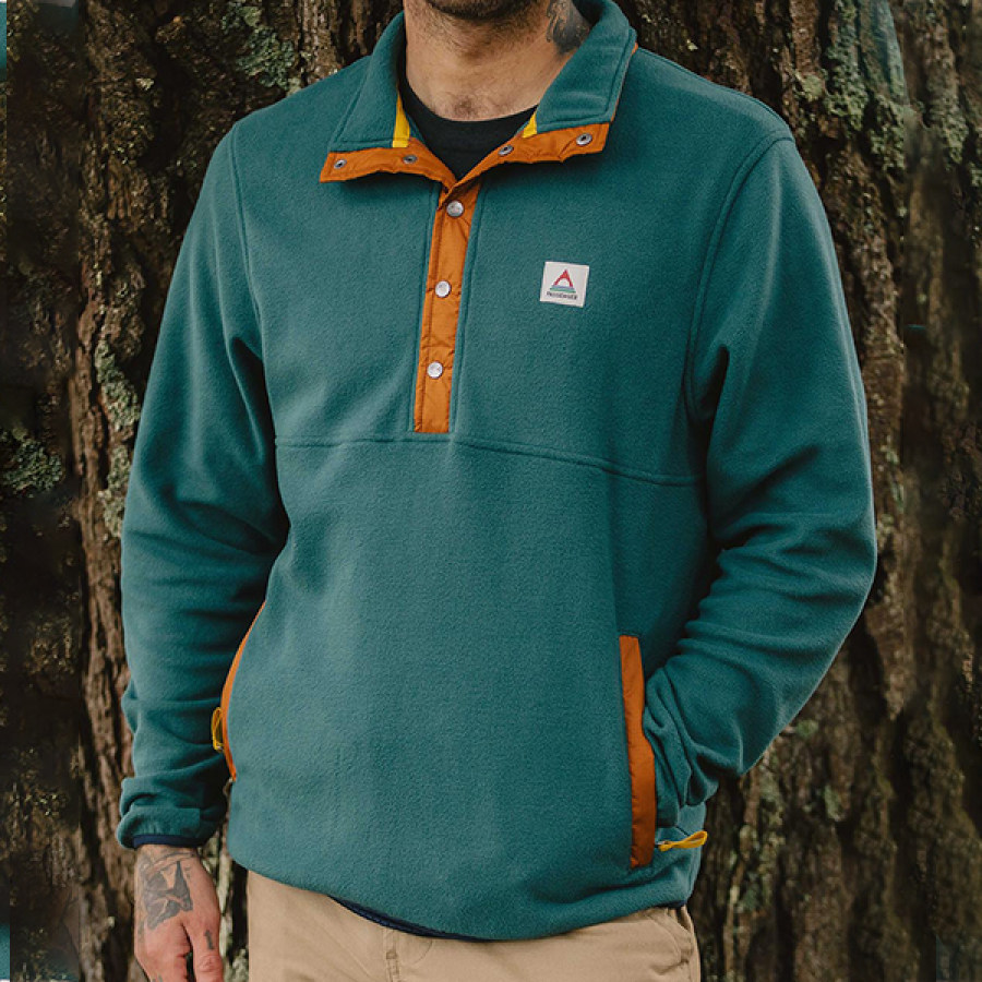 

Men's Henley Fleece Sweatshirt Vintage Contrast Ethnic Pattern Adrift Recycled Polar Fleece Coat