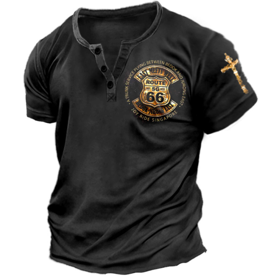 

T-shirt Henley Da Uomo Vintage Route 66 Grafica Manica Corta Casual Nera