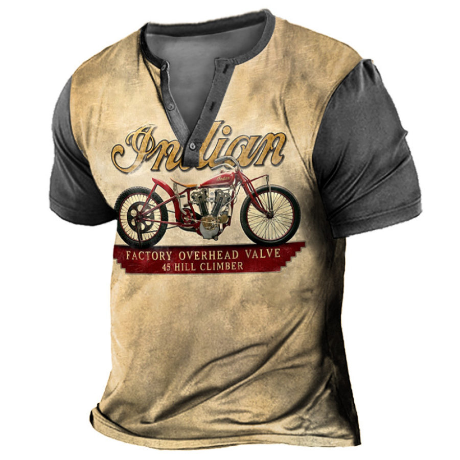 

Camiseta Henley Masculina Vintage Motocicleta Color Block Print Manga Curta Casual Caqui