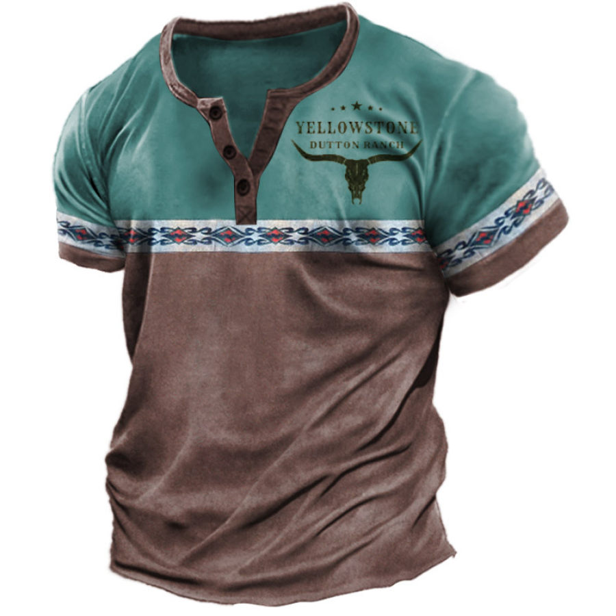 

T-shirt Da Uomo Henry Stile Etnico Retrò Yellowstone Stampa Abbinata A Colori Manica Corta Casual