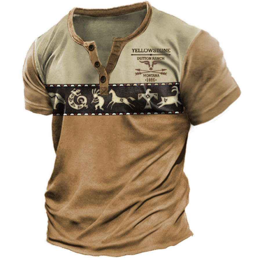 

Men's Henry T-Shirt Retro Ethnic Yellowstone Print Graphic Short Sleeve Casual Khaki