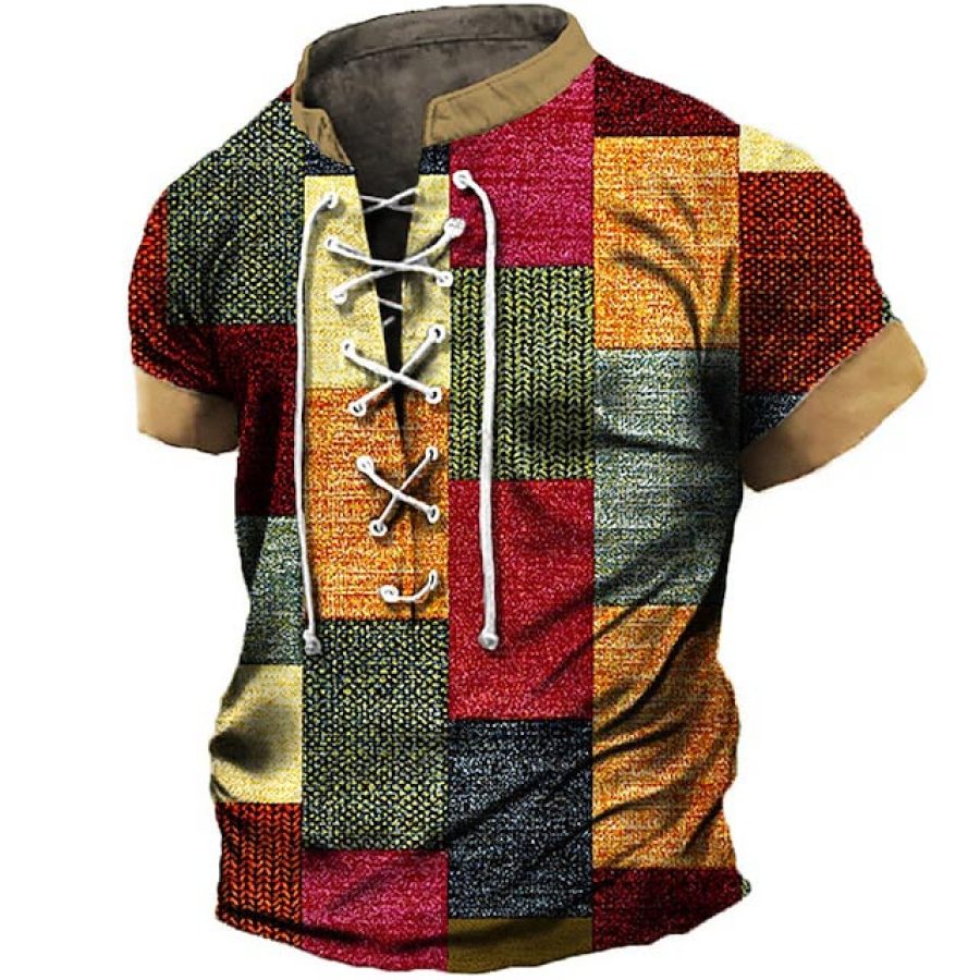 

Men's T-Shirt Lace-Up Stand Collar Short Sleeve Vintage Colorblock Summer Daily Tops Red