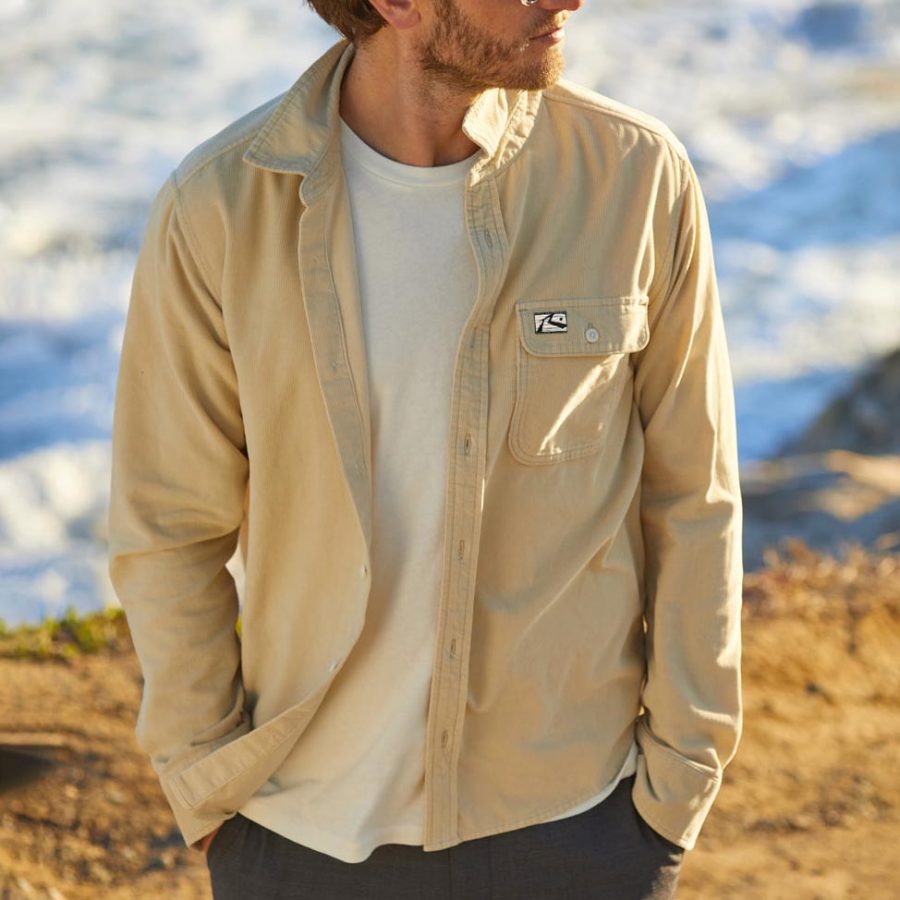 

Men's Shirt Long Sleeve Corduroy Vintage Rusty Pocket Daily Tops Beige