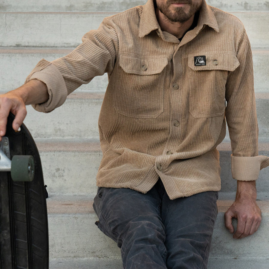 

Quicksilver Corduroy Jacket Men Vintage Corduroy Shirt Jacket Outdoor Pocket Daily Casual Top
