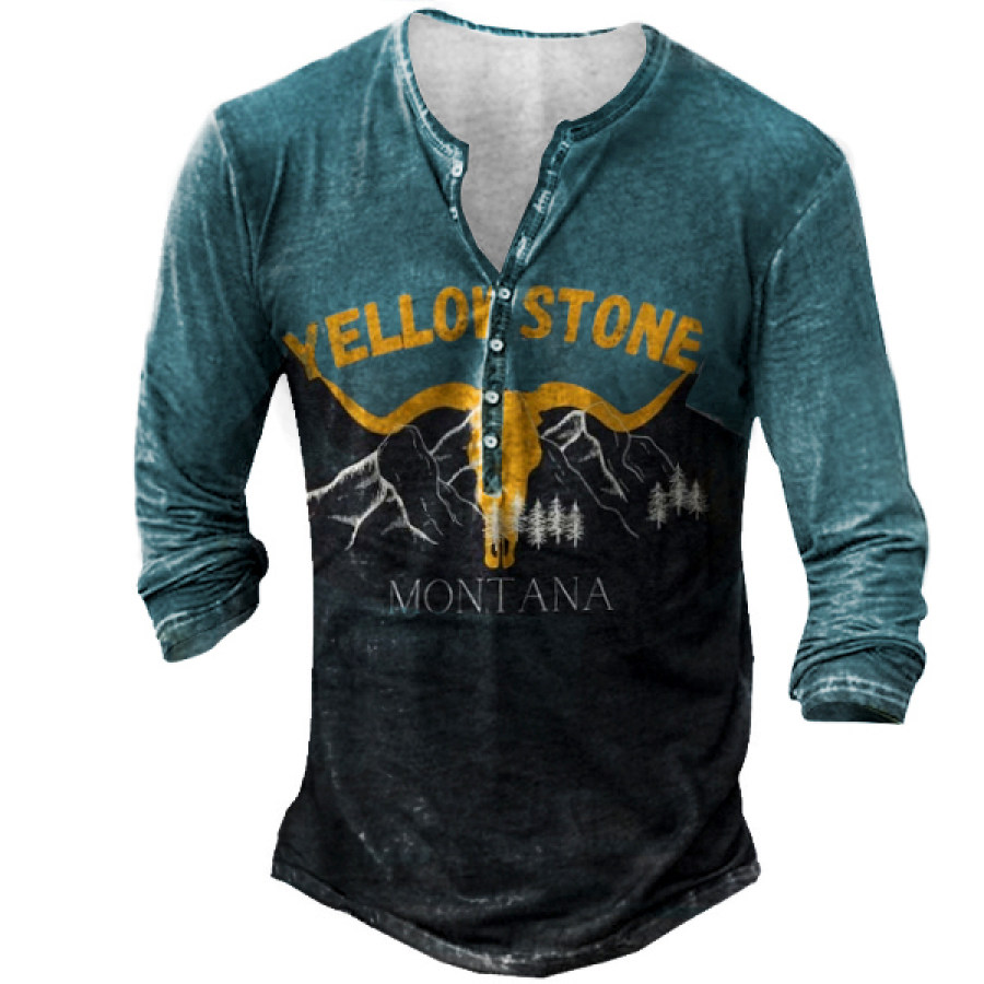 

Camiseta Masculina Henley Para Uso Externo Com Estampa Vintage Estilo Casual Manga Longa Blusa Diária