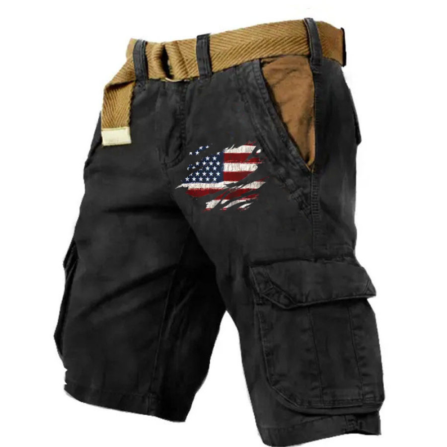 

Men's American Flag Shorts Outdoor Retro Washed Printing Multi-Pocket Contrasting Color Tactical Shorts