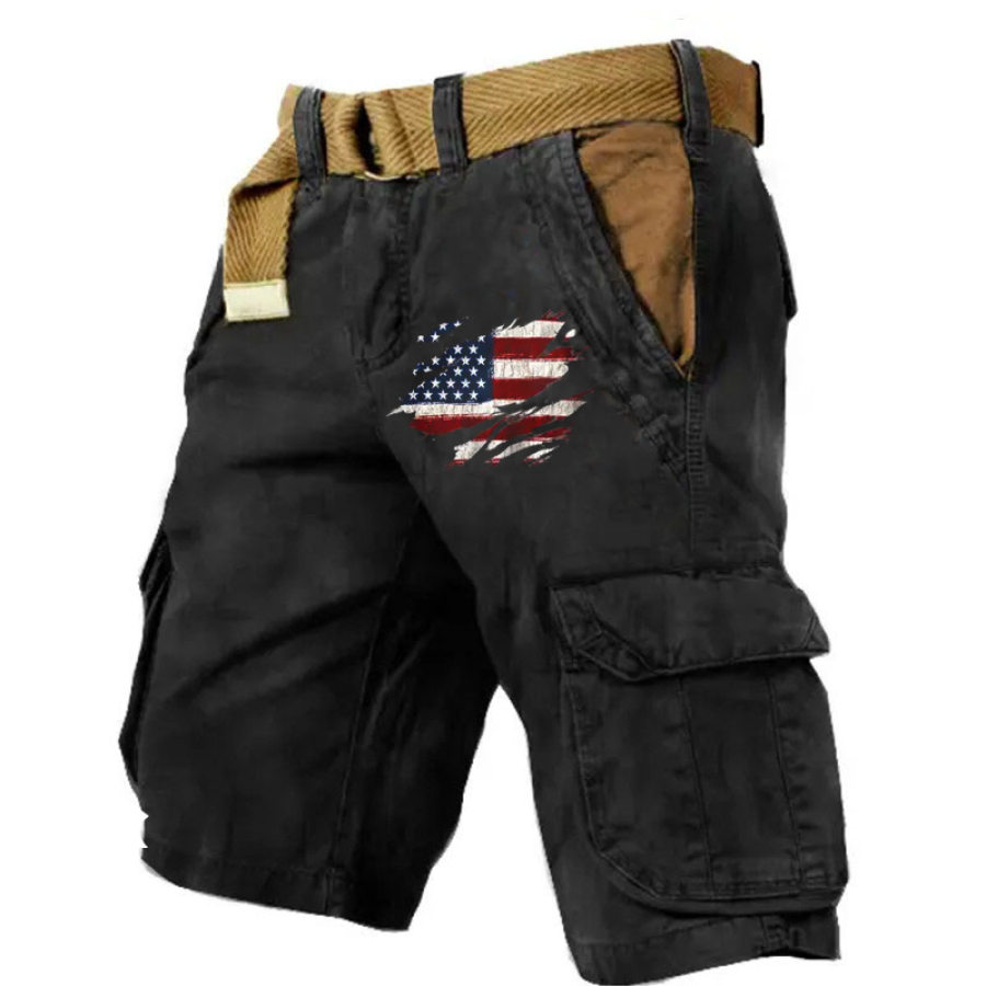 

Shorts Masculinos Com Bandeira Americana Ao Ar Livre Retro Lavado Estampado Com Vários Bolsos Shorts Táticos Em Cores Contrastantes