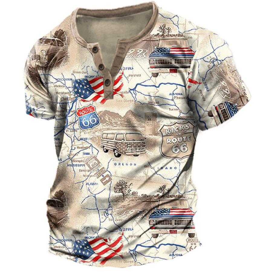 

Camiseta Masculina Henry Vintage Map Route 66 Com Estampa Gráfica Casual Para O Dia A Dia