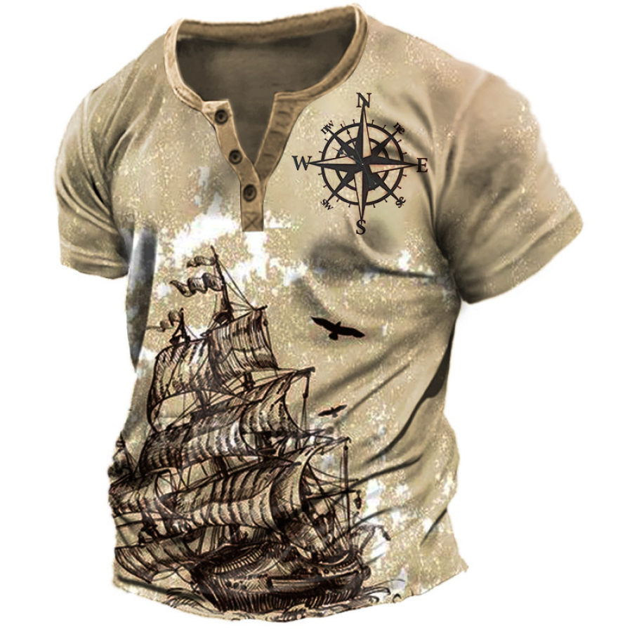 

Men's Henley T-Shirt Vintage Nautical Ship Compass Print Graphic Everyday Casual