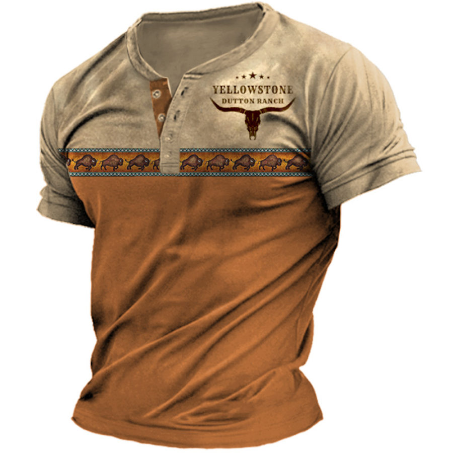 

Men's Henley T-Shirt Vintage Yellowstone Western Denim Print Graphic Short Sleeve Tee