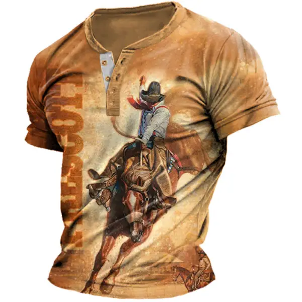 Men's Henley T-Shirt Vintage Western Denim Print Graphic Short Sleeve Tee - Cotosen.com