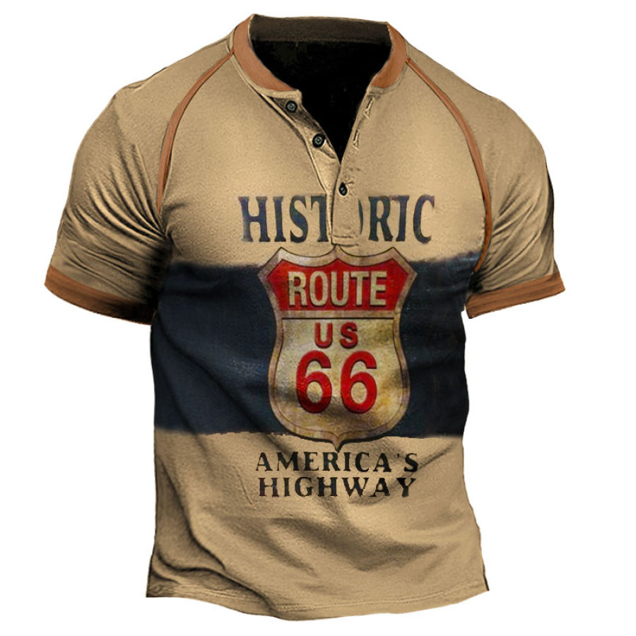 

T-shirt Da Uomo Henley Vintage Route 66 Color Block Manica Corta Estate Daily Top Cachi