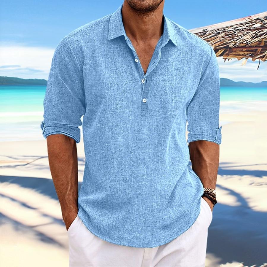 

Camisa De Hombre Lino Color Sólido Solapa Manga Larga Casual Primavera Verano Tops Diarios