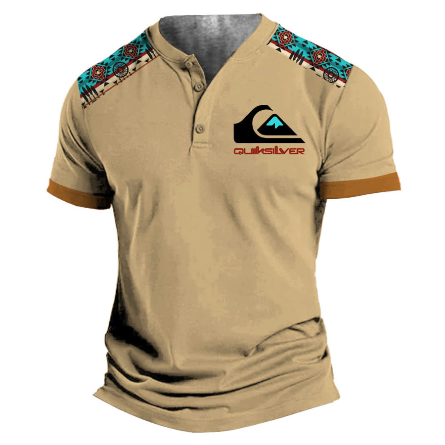 

T-shirt Da Uomo Henley Vintage Quiksilver Aztec Colorblock Plus Size Manica Corta Summer Daily Top Khaki