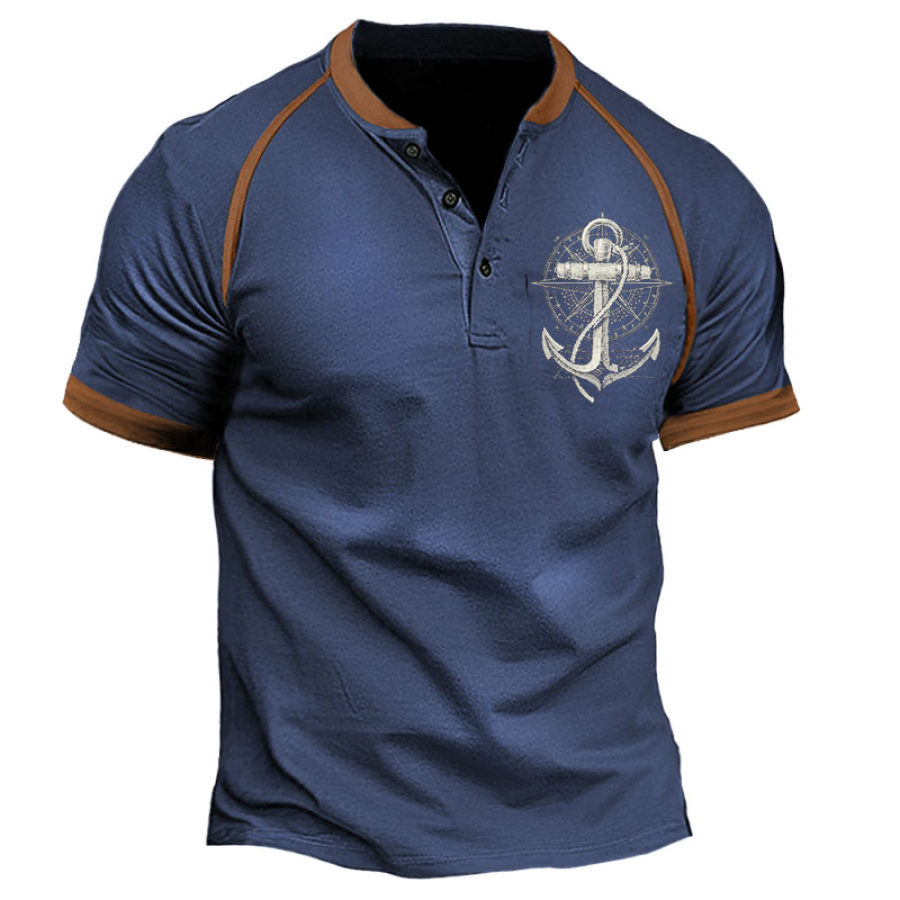 

Men's T-Shirt Henley Vintage Anchor Color Block Short Sleeve Summer Daily Tops Navy Blue