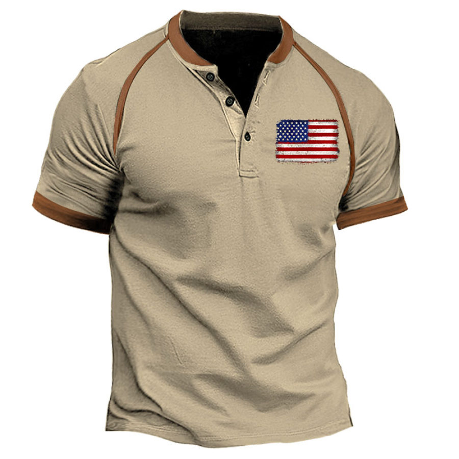 

Hombre Camiseta Henley Vintage Bandera Americana Bloques Manga Corta Verano Diario Tops Caqui