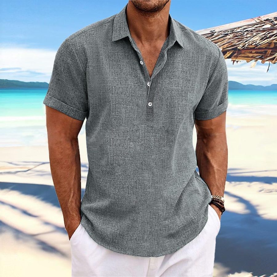 

Camisa Masculina Cor Lisa Linho De Algodão Lapela Manga Curta Casual Verão Tops Diários