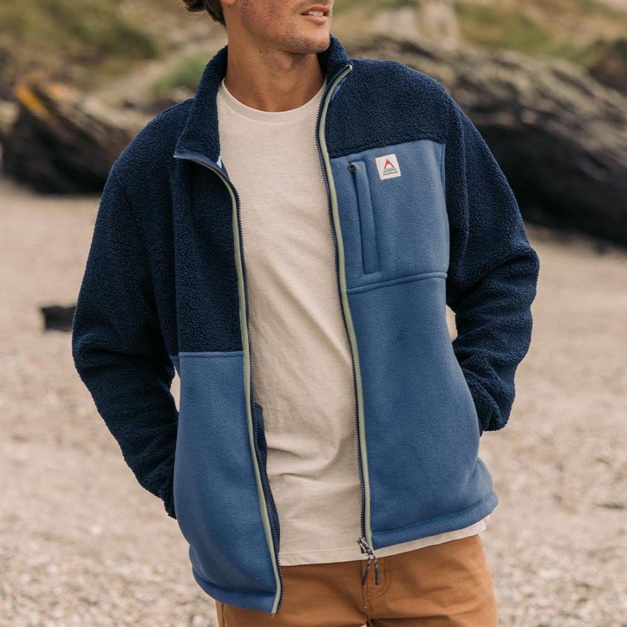 

Men's Jacket Full Zip Fleece Warm Color Block Panel Outdoor Outerwear
