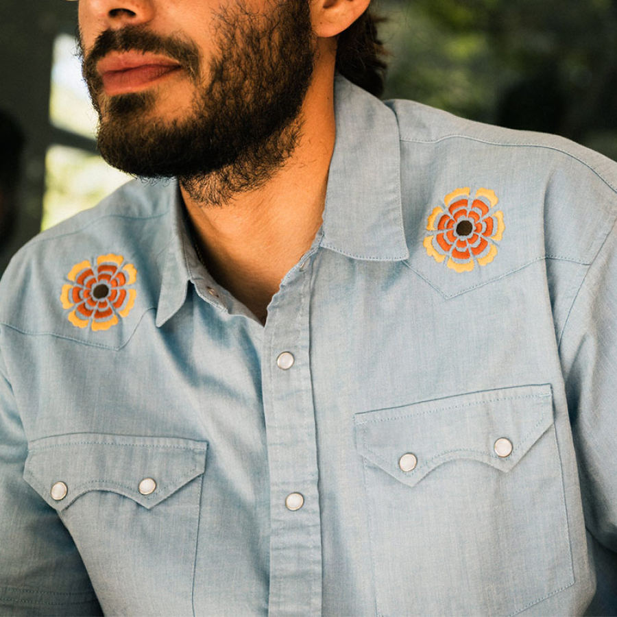 

Men's Short Sleeve Shirt Retro Embroidery Pocket Daily Casual Stitching