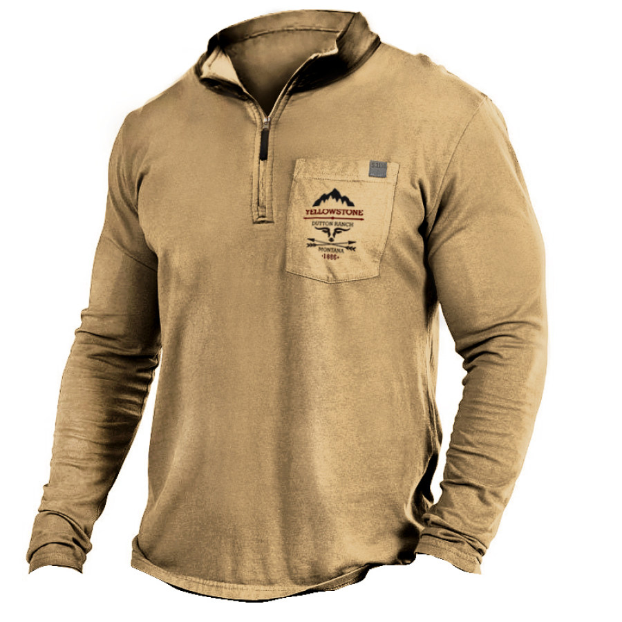 

Men's Henley Stand Collar Men's Vintage Wash Print Long Sleeve T-Shirt