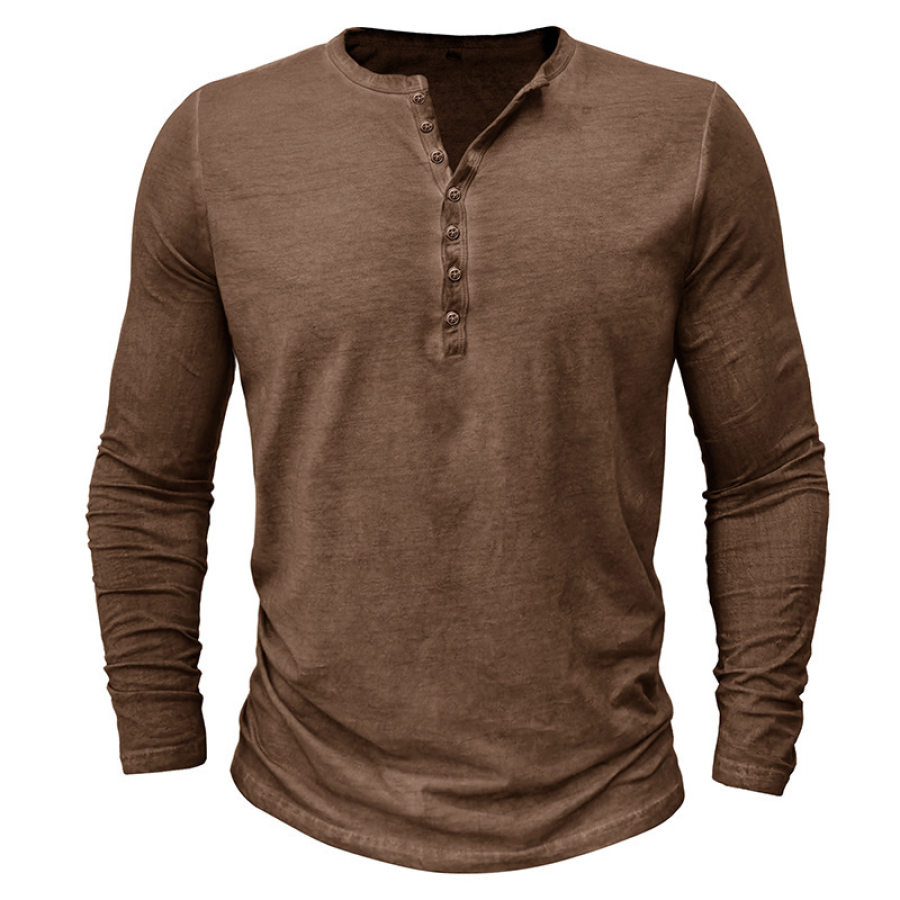 

Men's Henley Vintage Long Sleeve T-Shirt Button Washed Old V-Neck T-Shirt Top