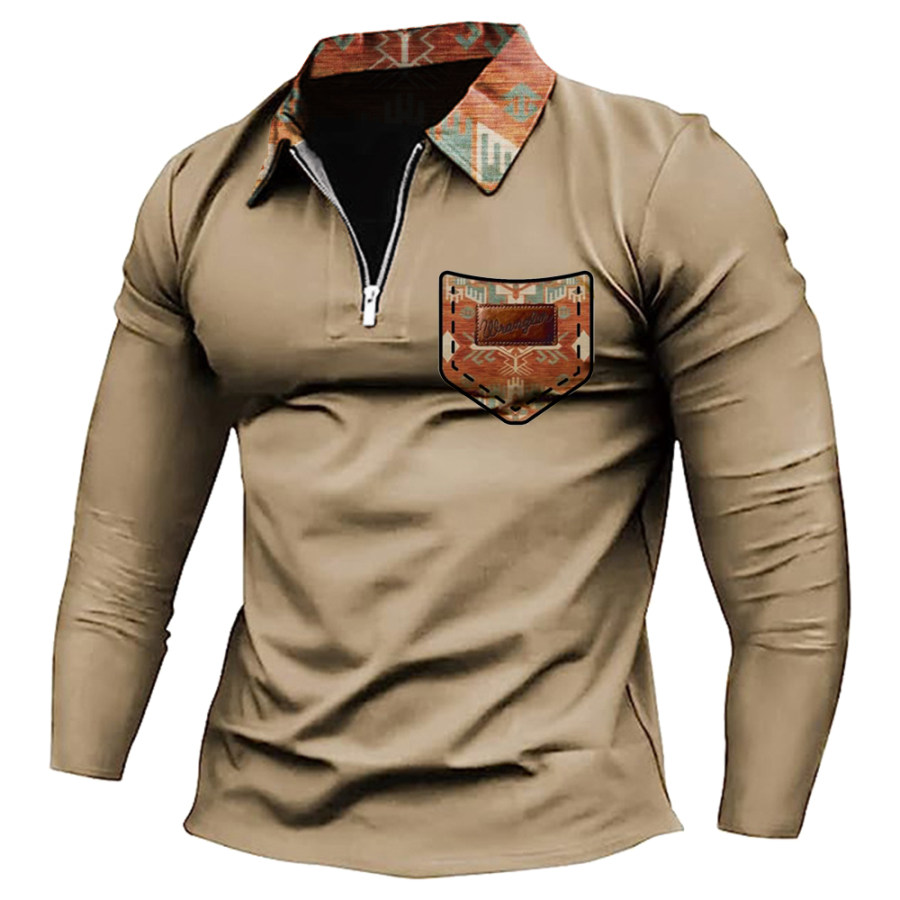 

Men's Vintage Western Print Pocket Zipper Lapel Long Sleeve T-Shirt