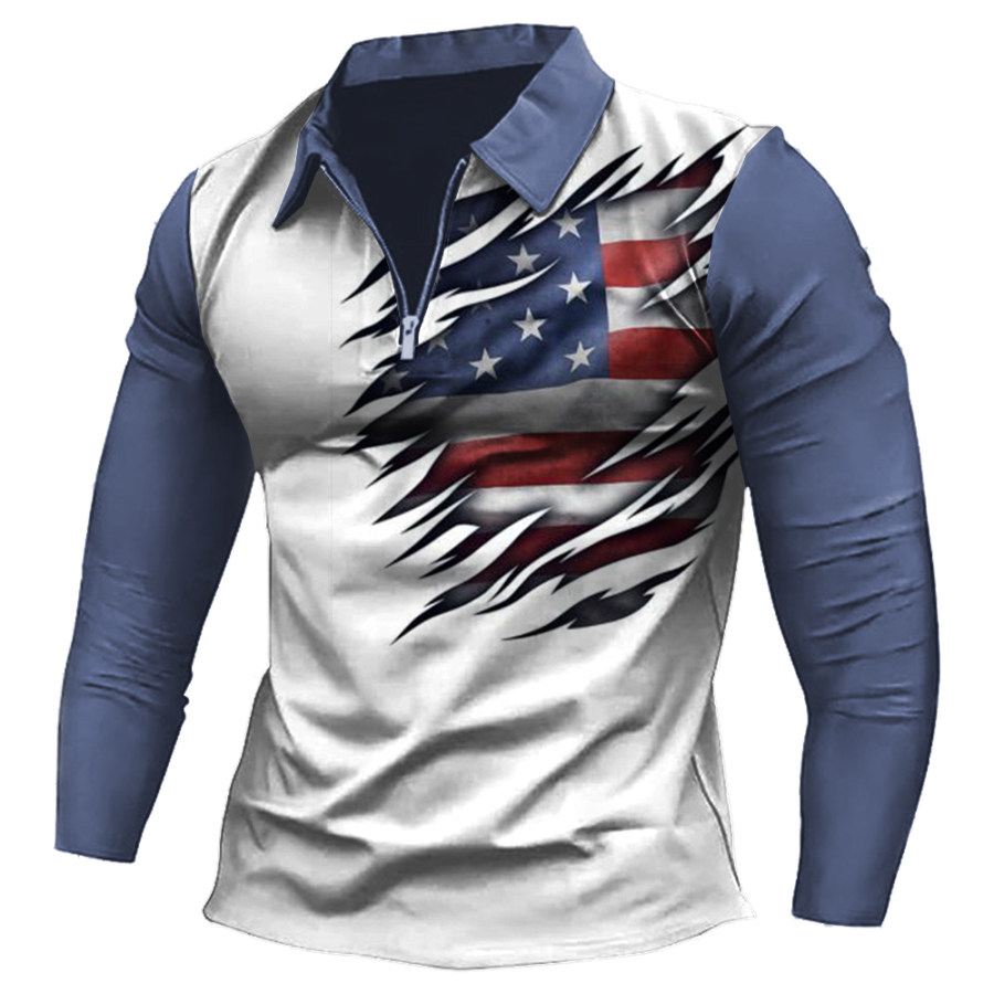 

Men's Vintage American Flag Colorblock Print Zip Lapel Long Sleeve T-Shirt