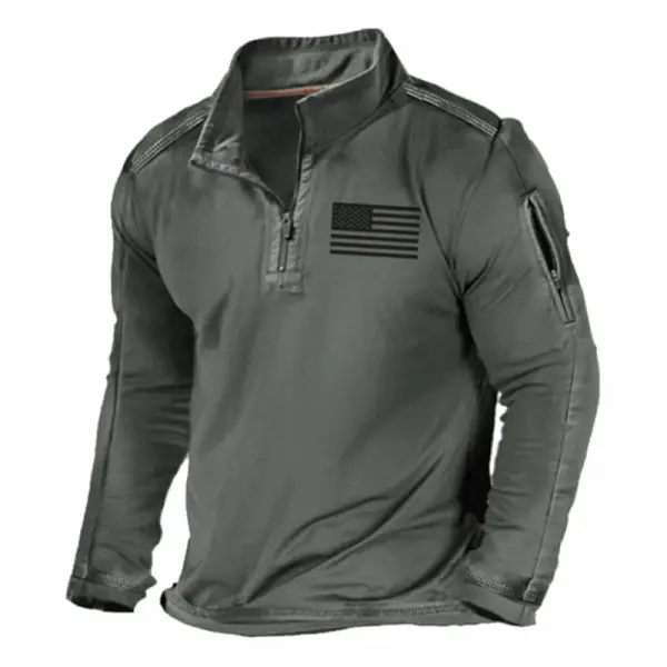 Plus Size Men's Outdoor Sports Zipper Stand Collar Stretch Long Sleeve Hoodie American Flag Print - Kalesafe.com 