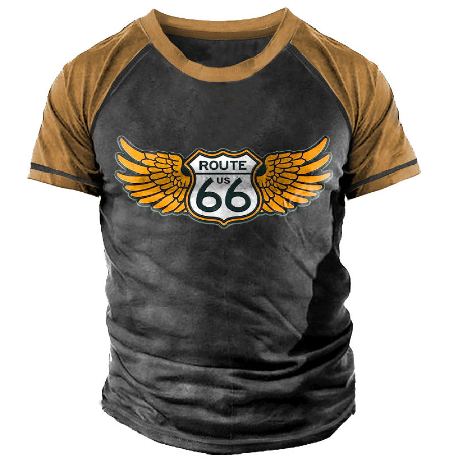 

T-shirt Da Uomo Vintage Route 66 Colore A Contrasto Manica Corta Girocollo Summer Daily Top Khaki
