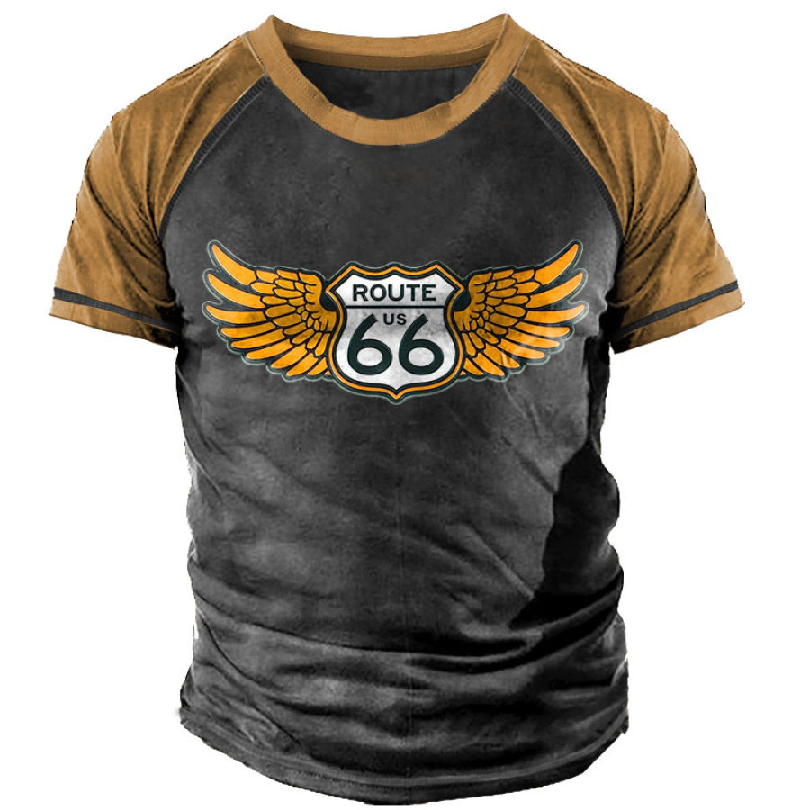 

Camiseta Masculina Vintage Route 66 Cor Contrastante Manga Curta Decote Redondo Verão Top Diário Cáqui