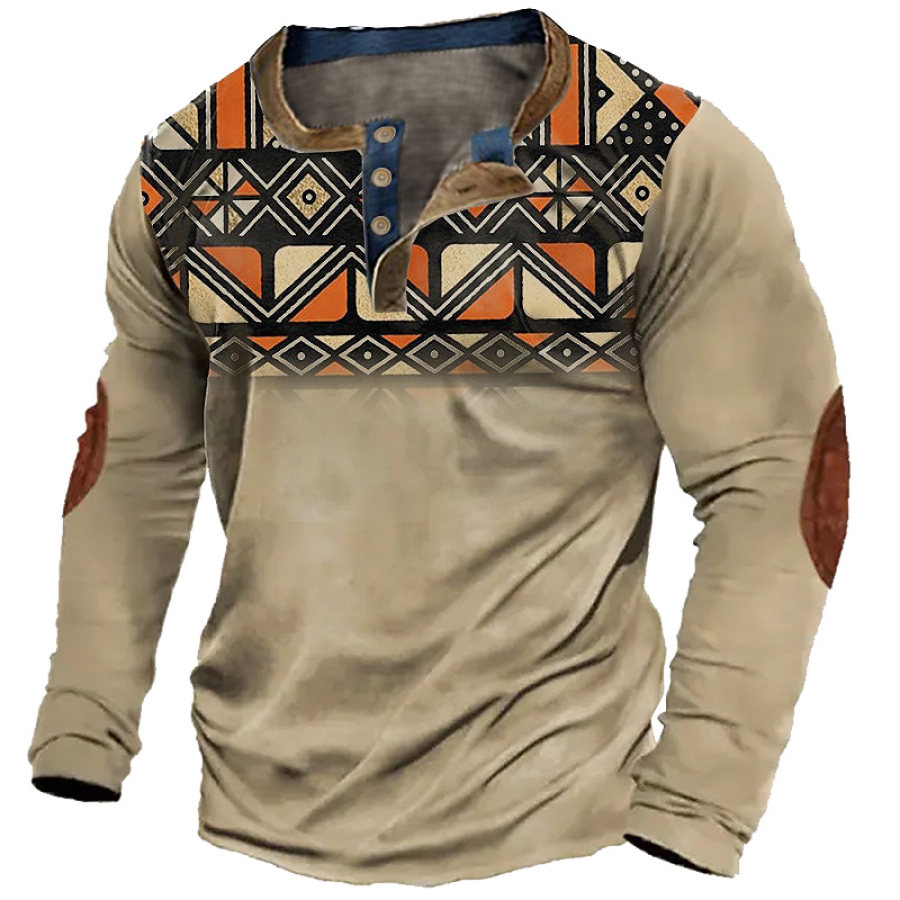 

Men's T-Shirt Long Sleeve Henley Vintage Western Ethnic Aztec Colorblock Outdoor Daily Tops Khaki
