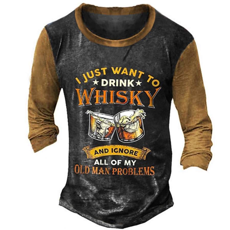 

Мужская футболка с длинным рукавом Henley Vintage Drink Whisky My Old Man Цветные блоки На открытом воздухе Повседневные топы