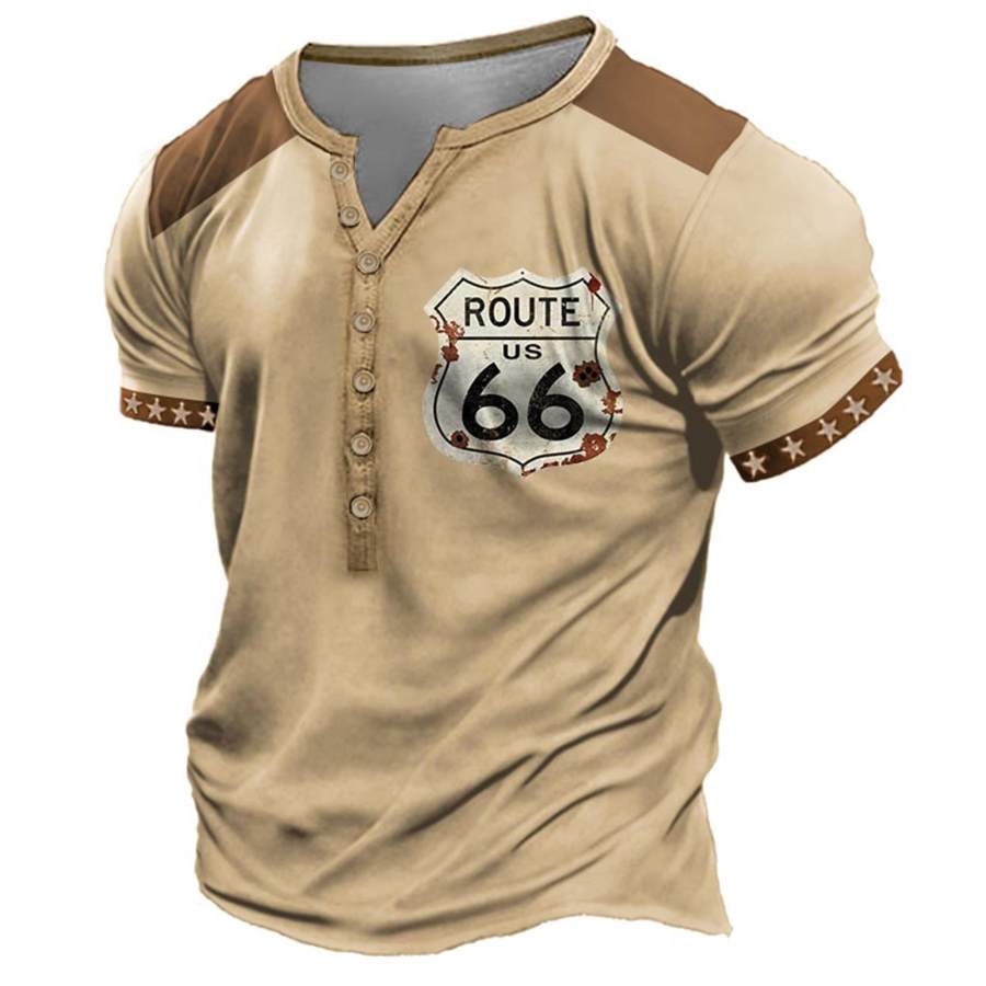 

Men's T-Shirt Henley Vintage Route 66 Colorblock Plus Size Summer Daily Tops Khaki