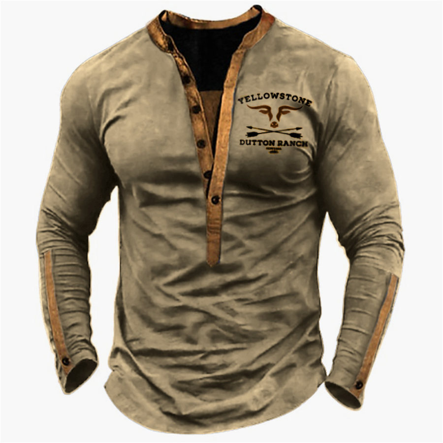 

Men's Henley T-Shirt Vintage Western Yellowstone Print Color Block Long Sleeve Khaki