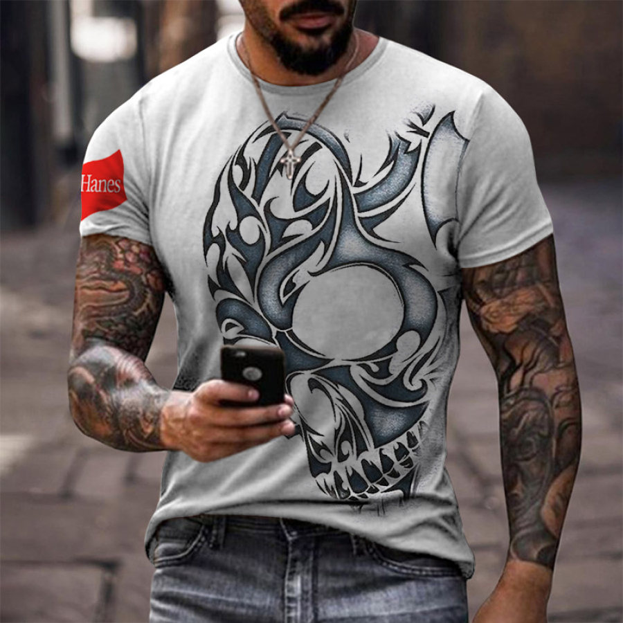 

T-shirt Da Uomo Hanes T-shirt Casual Quotidiana A Maniche Corte Con Stampa Teschio Retrò