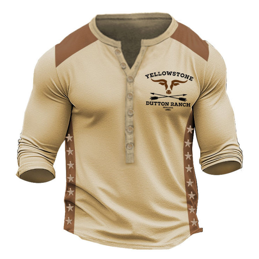 

Men's T-Shirt Henley Long Sleeve Vintage Western Yellowstone Stars Colorblock Daily Tops Khaki