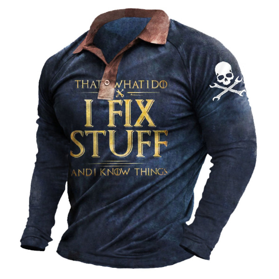 

Men's T-Shirt Long Sleeve Polo Vintage I Fix Stuff Colorblock Outdoor Daily Tops Navy Blue