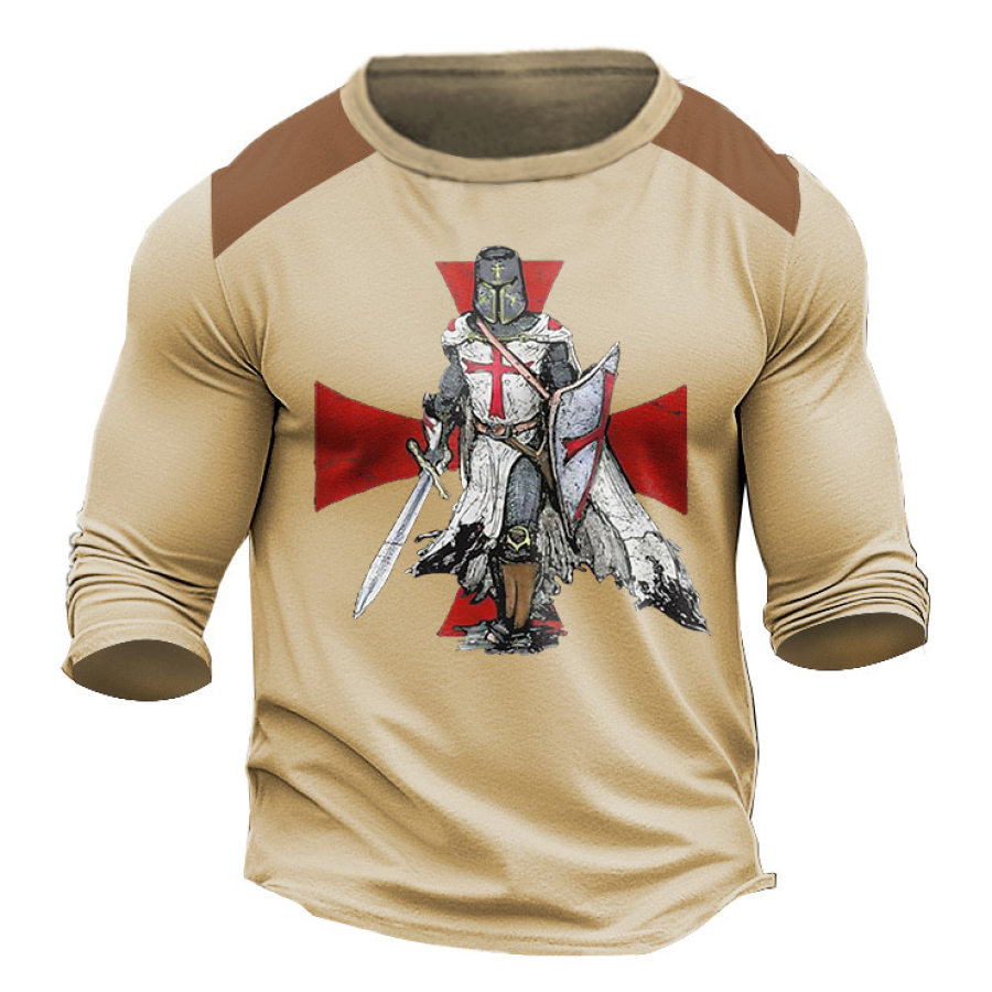 

Camiseta Masculina Manga Longa Vintage Templário Cross Colorblock Ao Ar Livre Tops Diários Caqui