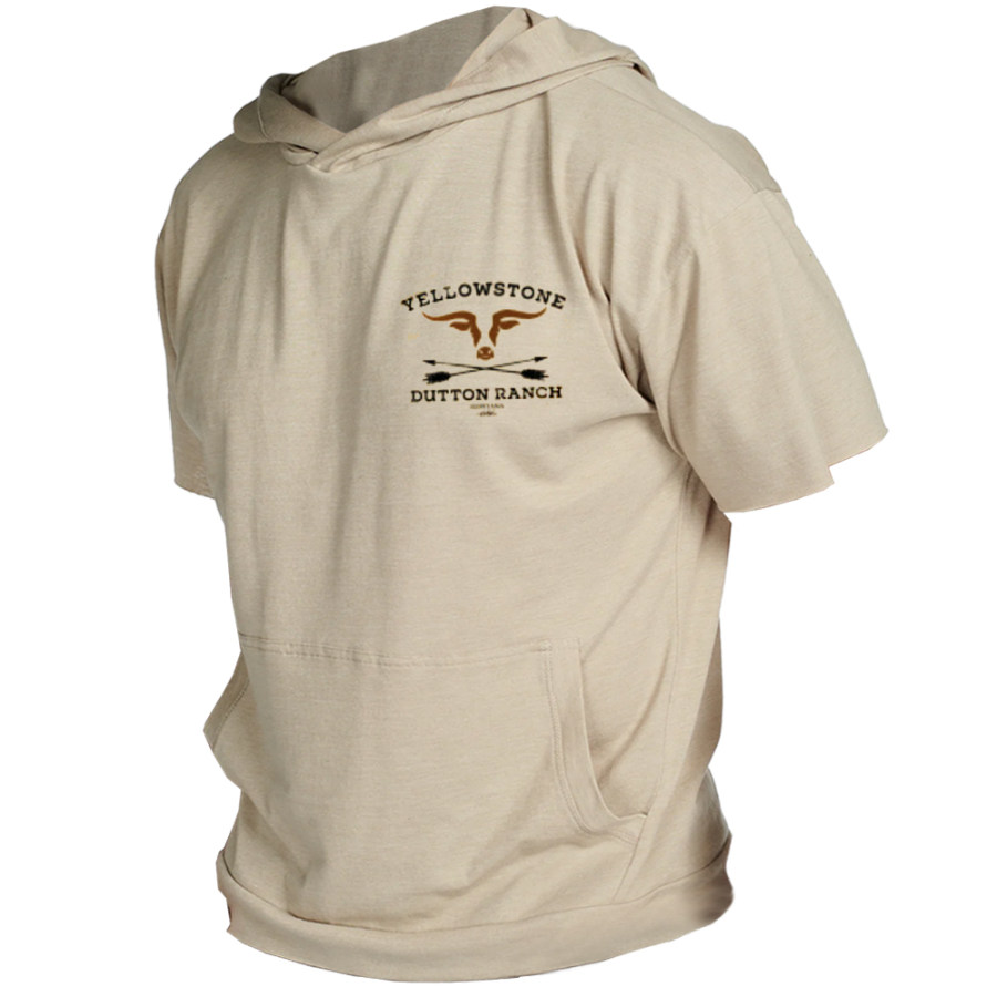 

T-shirt Casual A Maniche Corte Con Cappuccio E Tasca Esterna Con Stampa Western Yellowstone Vintage Da Uomo