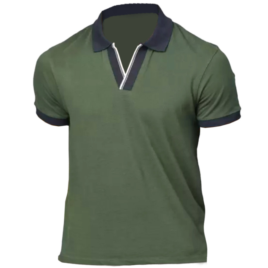 

Men's Retro Contrast Color V-neck Lapel Casual T-shirt