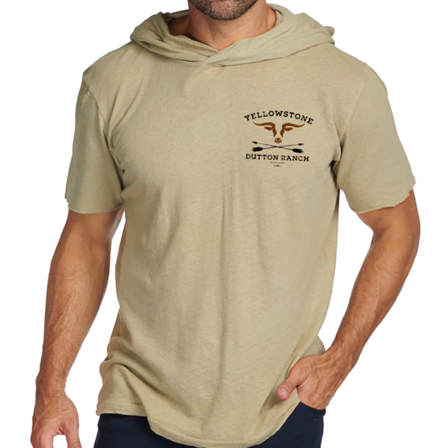 

T-shirt Casual Da Uomo A Maniche Corte Con Cappuccio E Cappuccio Solido Vintage Con Stampa Western Yellowstone