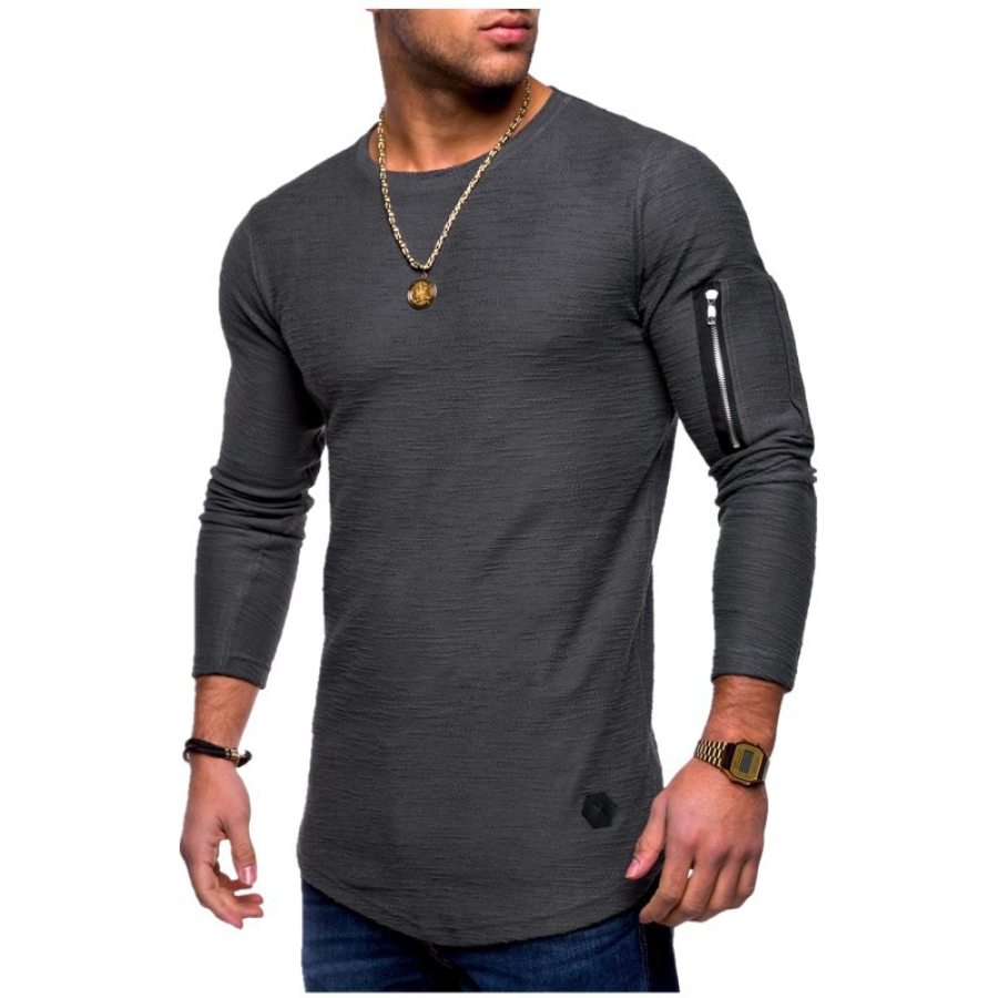 

Camiseta Masculina De Manga Comprida Com Zíper E Bolso Colorida De Algodão Respirável